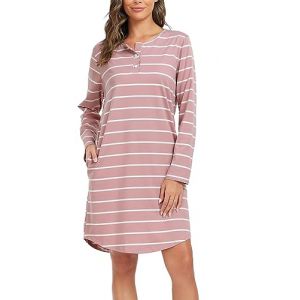 Lovasy Chemise de Nuit Femme Rayé Manches Longues Pyjama en Coton Chemise de Nuit Boutonnée Devant Nuisette Femme Longue A Rose S (Lovasy Direct, neuf)