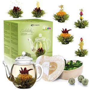 Creano Coffret cadeau Fleurs de Thé, mélange de fleurs de thé dans une boîte en bois en forme de cœur - 6 types de thé vert incl. théière en verre 500ml, cadeau pour femme, maman, amateur de thé (Creano, neuf)