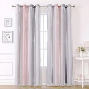 KAHEAUM Rideaux Chambre,Rideau Occultant avec Blanc Voile Double Draperies D&eacute;coration de Fen&ecirc;tre Couleur D&eacute;grad&eacute; Motif Etoiles Perfor&eacute;e pour Maison Chambre Fille Enfant,L132 x H160 cm,Rose Gris,2 PCS (KAHEAUM-FR, neuf)