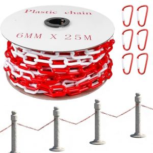 BAIFULAI Cha&icirc;ne de signalisation de 25 m, 6 mm, en plastique rouge et blanc, avec 6 mousquetons, cha&icirc;ne en plastique/plastique, cha&icirc;ne de s&eacute;curit&eacute; de chantier, cha&icirc;ne &agrave; maillons pour la s&eacute;curit&eacute; (SnapNShop Trading, neuf)