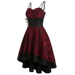 FEOYA Robe Gothique Femme &agrave; Bretelles Robe R&eacute;tro M&eacute;di&eacute;vale Robe Soir&eacute;e Vintage &agrave; Lacets Costume Steampunk D&eacute;guisements Halloween Carnaval Rouge 44 (PYOUEU, neuf)