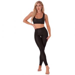 JEATHA Pantalon Et Haut Femme Gilet Court Sans Manche Legging Sexy Ouvert Entrejambe Ceinture Elastique Noir Taille unique (JEATHA EU, neuf)