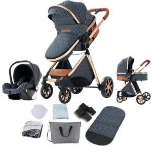 Prokoke Poussette 3 en 1, Poussette Bebe avec Conception Pliable en Un Clic, Poussette Combinée Réversible Deux Façons de Pousser, Poussette Citadine Alliage d'aluminium à Cadre (225 Denim Blue) (huangzhongguig, neuf)
