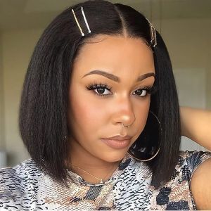 Perruque Cheveux Humain Perruque Bob 4x4 Yaki Straight Human Hair Wig Perruque Femme Naturelle Brésilien Kinky Straight Wear and Go Glueless Wig Human Hair Perruque Sans Colle Cheveux Humain 10 Pouces (PF hair products, neuf)
