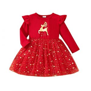 Chollius Robe de Noël bébé Fille 0-3 Ans Robe Tutu à Manches Longues imprimé cerf/Christmas à Volant col Rond en Dentelle avec Bandeau décontracté Cadeau de Noël Photographie (Rouge, 3-6 Mois) (yishengy, neuf)