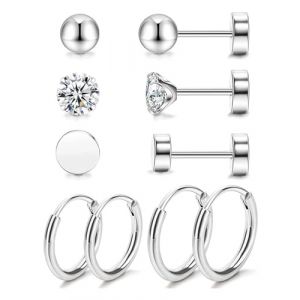 LEEQBCR 5 Paires 316L Acier inoxydable Lot Boucles D'oreilles,Piercing Ronde Cubique Zircone Boucle D'oreille Boucles D'oreilles &agrave; Vis &agrave; Billes Dos Plat Barbell,pour Fille Homme (LEEQ EU, neuf)