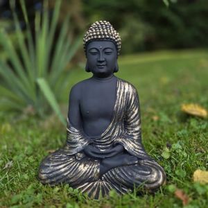 FABRIQ Statuette de Bouddha en pierre pour l'extérieur - Bouddha Feng Shui - Décoration de jardin zen - Doré/noir - 30 cm - Résistant aux intempéries - Décoration pour la maison et le jardin (doré) (MaisonEtJardin, neuf)