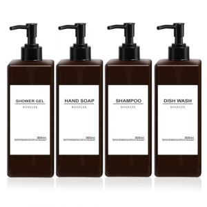 Distributeur de Savon Salle de Bain Brun 500ml 4Pi&egrave;ces Distributeur de Savon Liquide en Plastique Distributeur de Gel Douche Rechargeable pour Lotion Shampooing Douche, avec Entonnoir, &eacute;tiquette (Roselee Direct, neuf)