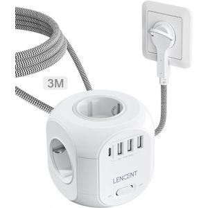LENCENT Multiprise avec Interrupteur Cube Secteur 4 Prises, 3 USB et 1 Type C, Multiprise USB Parafoudre et 4 Interrupteurs Rallonge Electrique 3M C&acirc;ble la Maison et au Bureau Fiche Plate (HUASIZHE, neuf)