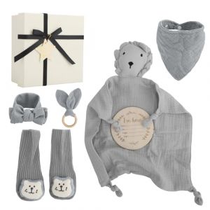 Coffret cadeau de naissance pour bébé – Cadeau 7 en 1 pour nouveau-né garçon et fille avec couverture, doudou, hochet en bois, bavoir, chaussettes et boîte souvenir – Cadeaux de naissance pour fille (BANANA PEAKS LIMITED, neuf)
