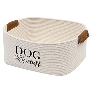 Geyecete carré Panier de Rangement en Corde de Coton pour Jouets pour Chien, avec poignée en Simili Cuir,Panier pour Organiser Jouets pour Animaux et Vêtements et Accessoires -Beige (PetHuiy, neuf)