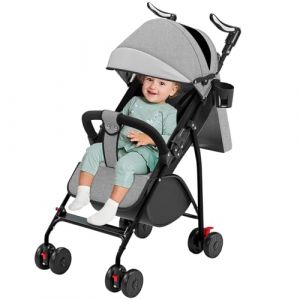 WODFARR Poussette canne compacte, avec position allong&eacute;e, de la naissance &agrave; 4 ans (Jusqu&rsquo;&agrave; 25 kg), Assis ou couch&eacute;, Poign&eacute;e r&eacute;glable, Landau &agrave; 4 roues avec tapis en coton + moustiquaire (Gris) (Willanmd, neuf)