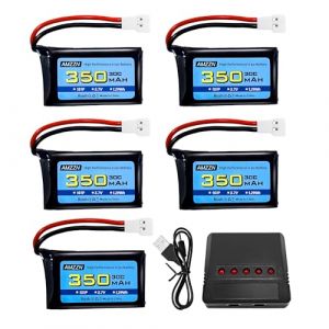 AMZZN 5 pièces 3,7V 350mAh 1S Lipo Batterie Molex Plug avec Chargeur 5-en-1 pour Syma X11C WLToys V911S télécommande Drone, XK A150 BF-109 FX651 FX621 Z60 Jet F-16 F-22 F-35 Planeur (liangzhidian, neuf)