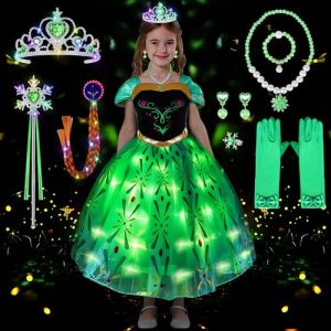 COYBTO Robe Princesse Fille, LED Robe Reine des Neiges Anna avec Perruque Lumineuse Couronne Princesse Ensemble, Deguisement Princesse Elsa, Robe de Princesse Elsa pour Carnaval (GAB GELH, neuf)