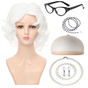 Costume de vieille femme 7 pièces, boucles blanches, kit de déguisement grand-mère grand-mère, perruque et lunettes avec chaîne, bracelet, collier, boucles d'oreilles pour carnaval, bal masqué, (YNROU, neuf)
