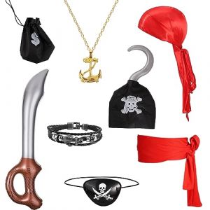 Costume Pirate Enfant d'Halloween 8pcs Accessoires de Costume de Pirate Comprenant Cache-Oil Foulard Rouge Collier d'Ancre Crochet de Pirate Ceinture en Tissu Rouge Bracelet Tressé pour Femmes (Jenniy, neuf)