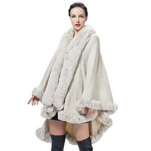 BEAUTELICATE Cape Manteau Femme Tricot&eacute; Poncho Cardigan Grande Taille Fausse Fourrure Ch&acirc;le &Eacute;tole pour Automne Hiver Mariage Soir&eacute;e Mari&eacute;e No&euml;l F&ecirc;te(Taille Unique,Beige) (BEAUTELICATE-FR, neuf)