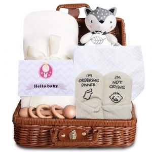Tbintul 7 en 1 Cadeau Bebe Naissance,Bebe Coffret Naissance, Cadeau Baby Shower avec Doudou, Couverture, Bavoir, Chaussettes, F&eacute;licitations Carte et Rattle en Bois (RAFAELOS-CHRISTOU, neuf)