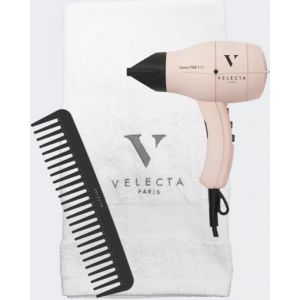 Velecta - S&egrave;che cheveux coffret d&eacute;tente - Iconic TGR 1.7i rose poudr&eacute; - peigne - serviette brod&eacute;e (SOGECOM Auvergne, neuf)