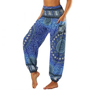 Nuofengkudu Femme Harem Pantalon Sarouel Thaïlandais Hippie Baggy Léger Boho Ethnique Smockée Taille Haute avec Poches Yoga Pants Été Plage ,Bleu Fleur,Taille unique (better Life, neuf)