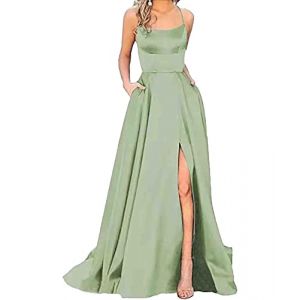 HAHAEMMA Robe Longue élégante pour Femme avec Poches Satin Ligne A sans Dos Robe de soirée Sexy Dos Nu Spaghetti Robe de mariée Robe de Princesse Robe de Demoiselle d'honneur(LG-XS) (EMMA'S CLOTHING, neuf)