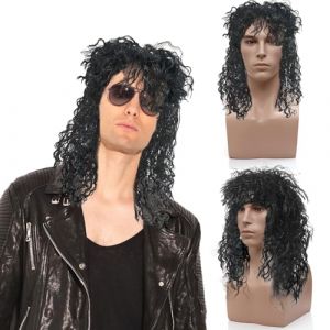 SAIIURV Perruque Homme Noir mulet 70s 80S Halloween Costumes à bascule Dude Perruque pour Carnaval Halloween Costume Party Perruque Punk Perruque nuque longue Rock Star Cosplay (Noir) (SHAOJU SJ, neuf)