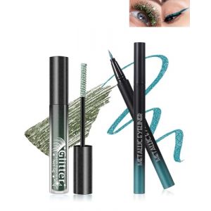 Mascara et Eyeliner Paillettes Vert, Mascara Couleur Diamant Paillet&eacute; Volume et Longueur, Liquide Crayon Yeux M&eacute;tallique Brillant, Longue Dur&eacute;e et Waterproof, Anti-bavure, Maquillage Cadeau pour Femme (Lestpola Ltd, neuf)