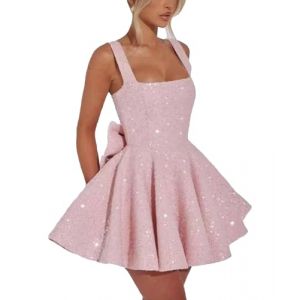 ECDAHICC Robe de cocktail pour femme - Sans manches - Col carr&eacute; - Paillettes - Ligne A - Taille - Robe courte - Mini robe de bal - Robe de soir&eacute;e, Rose, S (yuchang-uke, neuf)