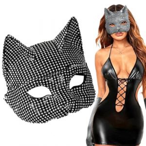 Pineeseatile Masque sexy masque chat 7.5x6.3 Masque de femme de chat Masque noir Masque sexy noir avec strass Masque de cosplay brillant pour Halloween, soirée dansante, costume de chat (hubeifeiershangmaoyouxiangongsi, neuf)