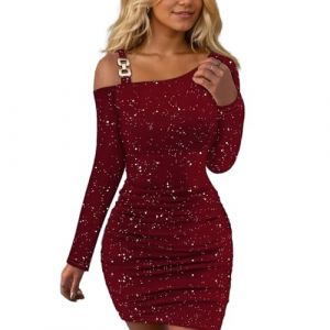 EMOTTOS Mini Robe Sexy &agrave; Paillettes pour Femmes, Anniversaire Robes Off Shoulder Boucle Carr&eacute;e &eacute;paules Inclin&eacute;es, Robe Enveloppante &agrave; Plis au Bas de la Taille Robe de Soir&eacute;e Moulante, Rouge, XL (EMOTTOS, neuf)