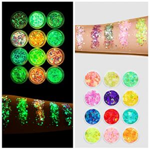 AOOWU 12 PCS Lumineuse Paillettes Glitter Chunky Glitter Maquillage Pour Le Visage, Cheveux, Corps, Joues et Ongles, Beau Sparkling Decoration Poudre Pour Festival Fête, B (Botoo, neuf)