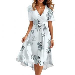 Robe Femme Ete Chic et Elegant Mi Longue Ensemble Boheme Fluide Robe Femme Fleurie Manche Courte Moulante Portefeuille Femmes Vetement Robes de Plage Bal Cocktail Soiree D'&eacute;t&eacute;(B Light Blue,Large) (QU-XINYU, neuf)