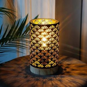 JHY DESIGN Lampe de Table 19cm Haut équipé d'une Minuterie de 6 Heures Bureau Abats-jour et Pieds LED Fer Forgé Avec Base en Bois Cylindrique Sculptée Moderne Pour Chambre Salon (Ventilateur) (JHY DESIGN, neuf)