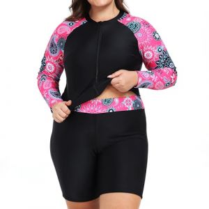 Owntop Maillot de bain pour femmes grande taille | Ensemble de 2 pi&egrave;ces UPF 50+ | T-shirt de bain &agrave; manches longues avec fermeture &eacute;clair & shorts de bain taille haute | Maillot de bain &agrave; s&eacute;chage (Owntop France, neuf)