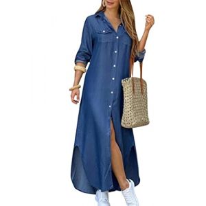 EFOFEI Femmes Robe Manches Longues Bouton Chemise Robe Chemise Ample Robe Chemise Ample Top Robe Camouflage Imprim&eacute; Chemise Robe Denim Bleu S (MILKCHOCLAT, neuf)