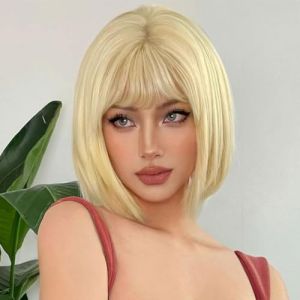 Creamily Perruque courte blonde pour femme, perruque blonde mi-longue pour femme, perruque courte lisse avec frange plate de 10 pouces, aspect naturel, utilisation quotidienne, fête (Creamily Hair, neuf)