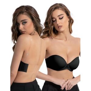 Amafuur Soutien-gorge dos nu sans bretelles transparentes et dos convertible &agrave; armatures multidirections, l&eacute;g&egrave;rement rembourr&eacute;, grande taille pour femme, noir, 100G (zhezhebaihuo, neuf)