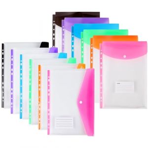 Lot de 12 pochettes perfor&eacute;es en plastique A4, 11 trous, extensibles pour classeurs &agrave; 2/3/4 anneaux avec bouton pression et &eacute;tiquette, feuilles mobiles transparentes pour bureau, &eacute;cole, maison (T6-S6) (JoyMaxJoy Direct, neuf)