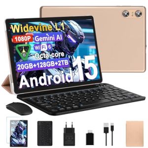 Tablette Android 15 Tablette 10 Pouces 20Go RAM + 128Go ROM(2To Extensible), Octa-Core, GMS Tablette Tactile, WiFi 6, 5G Wi-FI, Widevine L1, 6000mAh, GPS, Tablettes avec Clavier+Souris et Cas-Or (EURO COMMERCE 2025 BSEC, neuf)