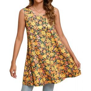 Enmain Tunique sans Manche Femme Longue Été Débardeurs Femme Long Ample Fleurie Grande Taille Haut Fluide Chic et Élégant T-Shirt Blouse Jaune XL (ELOOKEUR, neuf)
