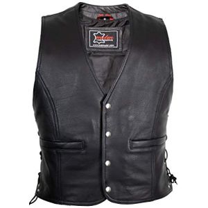 MDM Gilet biker homme en cuir de vachette &ndash; noir, boutons-pression, sans couture au dos, id&eacute;al pour patchs et clubs moto (FR/ES, Alpha/lettres, S, Taille normale, Taille normale) (MDM LEDERHAUS, neuf)