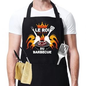 AWCIGG Tablier Barbecue Homme Papa Tablier Cuisine Homme Cadeau Anniversaire Fete Des Peres tablier Roi Du Barbecue Chef Humoristique Accessoire Avec 3 Poches Pour BBQ F&ecirc;te No&euml;l (SK005-EU, neuf)