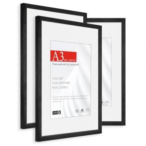 HIMEETIME&reg; 3x Cadre Photo Bois Noir A3,Cadre avec Verre Acrylique Transparent DIN A3 30 x 42 cm,Grand Tableau 29,7 x 42cm,Avec passe-partout - Format A4-21 x30 cm,&Agrave; suspendre/&agrave; poser pour photos (XianghuaART, neuf)