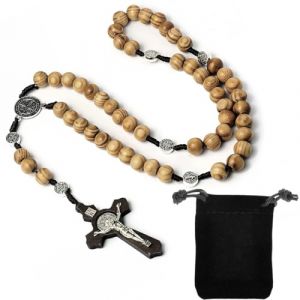 Chapelet catholique, Perles de Pri&egrave;re en Bois Naturel avec Croix M&eacute;daille J&eacute;sus Christ Saint Beno&icirc;t, pour Chr&eacute;tiens Catholiques Communion Religieuse, Bapt&ecirc;me, Messe, Bible（Couleur du bois） (HengShuiHunBengShangMaoYouXianGongSi, neuf)
