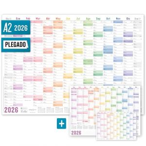 H&auml;fft&reg; Calendrier mural 2026 A2 en espagnol "Rainbow" (59,4 x 42 cm) pli&eacute;, planning mural avec jours f&eacute;ri&eacute;s espagnols + calendrier extra A3 & A4 - durable & respectueux au climat (H&auml;fft, neuf)