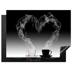 KitchenYeah&copy; Prot&egrave;ge Plaque Induction 70x52 cm Deco Cuisine Protection Pour Plan De Travail Cuisson Prot&eacute;g&eacute; Caf&eacute; - Coeur - Noir et blanc - Tasses - 70x52 cm (KitchenYeah, neuf)