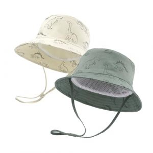 SEYUFN Bob Chapeau de Soleil Bébé Garçon Chapeaux de Seau à Bord Large Bébé Fille Chapeau de Coton Réglable UV Protection Chapeaux d'été pour Enfants (1-2 Ans, Vert Dinosaure+Beige Dinosaure) (JDSEU, neuf)