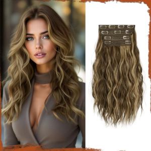 Sofeiyan Clip in Extensions, 4PCS 40 cm Haarverlängerung für Damen, Lockige Dicke Synthetische Haarextensions zum Einklippen Natürliches Weiches Clip in Haarteil,Blond miel avec brun clair (SofeiyanEU, neuf)