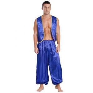 Oyolan Homme Costume Prince Arabe D&eacute;guisement Arabe Roi Pantalon Sarouel et Gilet sans Manches Cosplay Carnaval Halloween F&ecirc;te Tenue A Bleu Royal M (Oyolan EU, neuf)