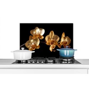 KitchenYeah&copy; Anti &Eacute;claboussure Cuisine 70x50 cm Aluminium Plaque Anti Chaleur Cr&eacute;dence sur Mesure Protection Mur Credence+Cuisine Fleurs - Or - Orchid&eacute;e - Luxe - Noir (KitchenYeah, neuf)